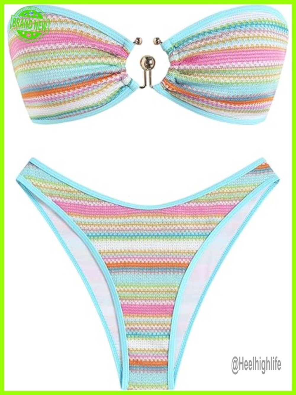 Metallic Sparkly Bandeau Bikini Set with O Ring Lace Up Tie Side